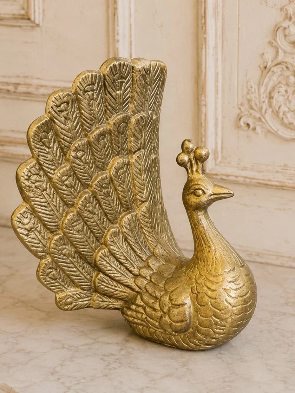 Vintage Brass Finish Peacock Figurine With an Ornate, Spread-Feather Tail Design